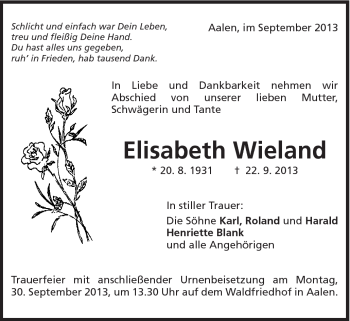Traueranzeige von Elisabeth Wieland von Schwäbische Post