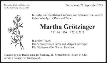 Traueranzeige von Martha Grötzinger von Gmünder Tagespost