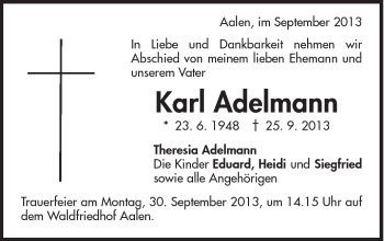 Traueranzeige von Karl Adelmann von Schwäbische Post