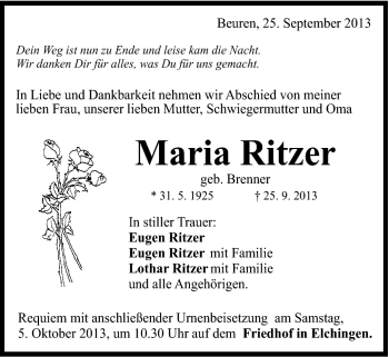 Traueranzeige von Maria Ritzer von Schwäbische Post