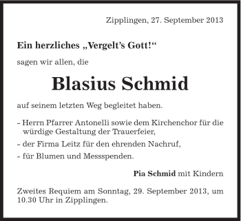 Traueranzeige von Blasius Schmid von Schwäbische Post