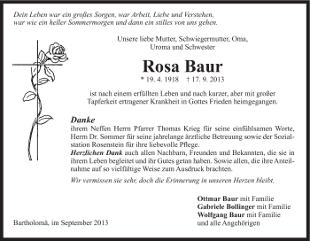 Traueranzeige von Rosa Baur von Gmünder Tagespost