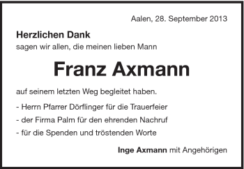 Traueranzeige von Franz Axmann von Schwäbische Post