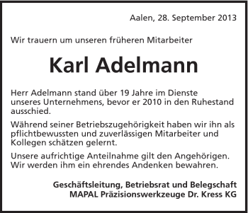Traueranzeige von Karl Adelmann von Schwäbische Post