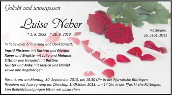 Traueranzeige von Luise Neher von Schwäbische Post