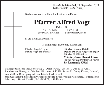Traueranzeige von Alfred Vogt von Gmünder Tagespost