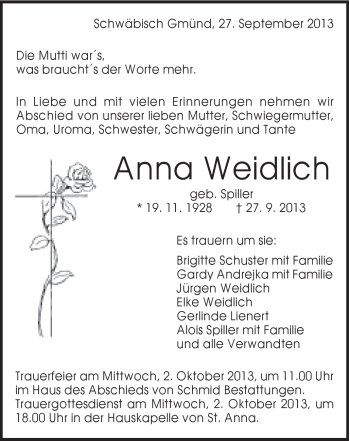 Traueranzeige von Anna Weidlich von Gmünder Tagespost