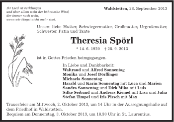 Traueranzeige von Theresia Spörl von Gmünder Tagespost
