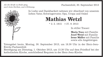 Traueranzeige von Mathias Wetzel von Schwäbische Post