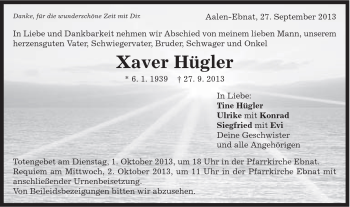 Traueranzeige von Xaver Hügler von Schwäbische Post
