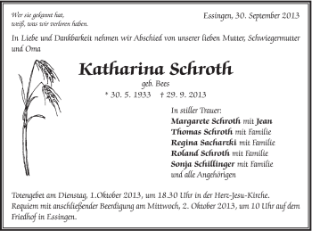 Traueranzeige von Katharina Schroth von Schwäbische Post