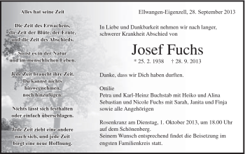 Traueranzeige von Josef Fuchs von Schwäbische Post