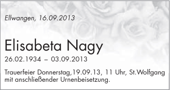 Traueranzeige von Elisabeta Nagy von Schwäbische Post