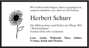Traueranzeige von Schurr Herbert von Schwäbische Post