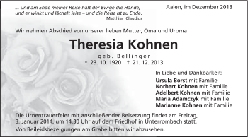 Traueranzeige von Theresia Kohnen von Schwäbische Post