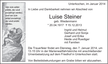 Traueranzeige von Luise Steiner von Schwäbische Post