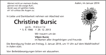 Traueranzeige von Christine Bursic von Schwäbische Post
