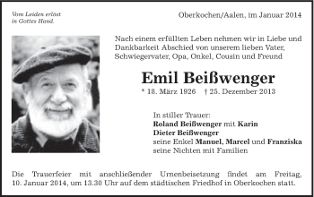 Traueranzeige von Emil Beißwenger von Schwäbische Post