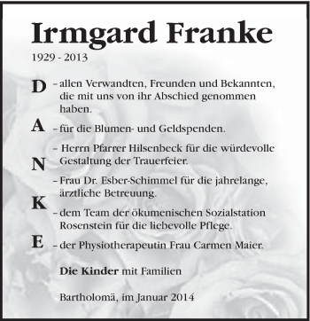 Traueranzeige von Irmgard Franke von Schwäbische Post