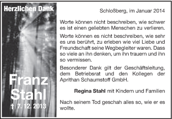 Traueranzeige von Franz Stahl von Schwäbische Post