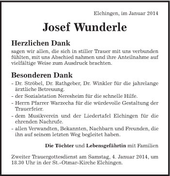 Traueranzeige von Josef Wunderle von Schwäbische Post