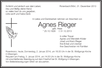 Traueranzeige von Agnes Rieger von Schwäbische Post