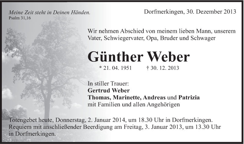  Traueranzeige für Günther Weber vom 02.01.2014 aus Schwäbische Post