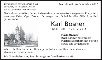 Traueranzeige von Karl Bösner von Schwäbische Post