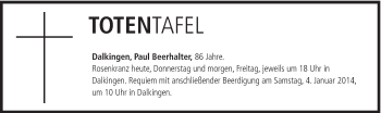 Traueranzeige von Paul Beerhalter von Schwäbische Post