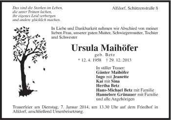 Traueranzeige von Ursula Maihöfer von Gmünder Tagespost