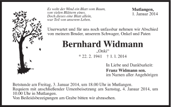 Traueranzeige von Bernhard Widmann von Gmünder Tagespost