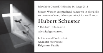 Traueranzeige von Hubert Schuster von Gmünder Tagespost