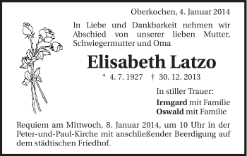 Traueranzeige von Elisabeth Latzo von Schwäbische Post