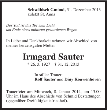 Traueranzeige von Irmgard Sauter von Gmünder Tagespost