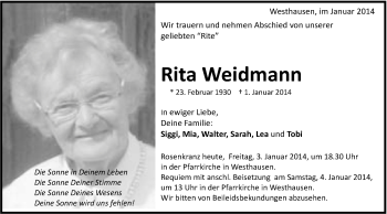 Traueranzeige von Rita Weidmann von Schwäbische Post