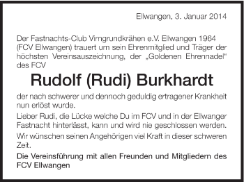Traueranzeige von Rudolf Burkhardt von Schwäbische Post