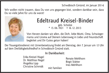 Traueranzeige von Edeltraud Kreisel-Binder von Gmünder Tagespost