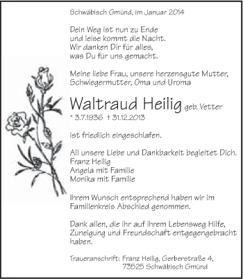 Traueranzeige von Waltraud Heilig von Gmünder Tagespost