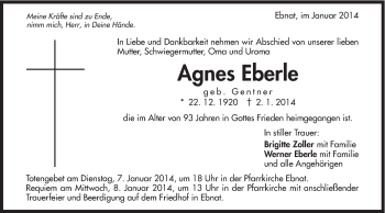 Traueranzeige von Agnes Eberle von Schwäbische Post