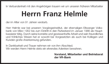 Traueranzeige von Franz Helmle von Schwäbische Post
