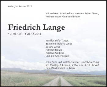 Traueranzeige von Friedrich Lange von Schwäbische Post