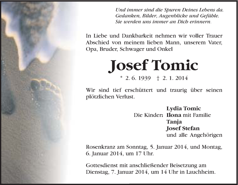  Traueranzeige für Josef Tomic vom 04.01.2014 aus Schwäbische Post