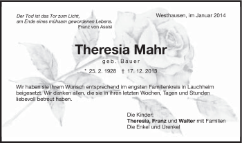 Traueranzeige von Theresia Mahr von Schwäbische Post