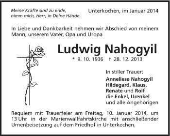 Traueranzeige von Ludwig Nahogyil von Schwäbische Post