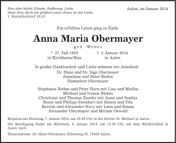 Traueranzeige von Anna Maria Obermayer von Schwäbische Post