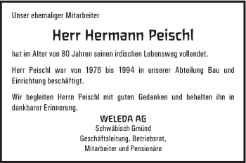 Traueranzeige von Hermann Peischl von Gmünder Tagespost