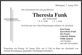 Traueranzeige von Theresia Funk von Gmünder Tagespost