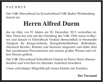 Traueranzeige von Alfred Durm von Gmünder Tagespost