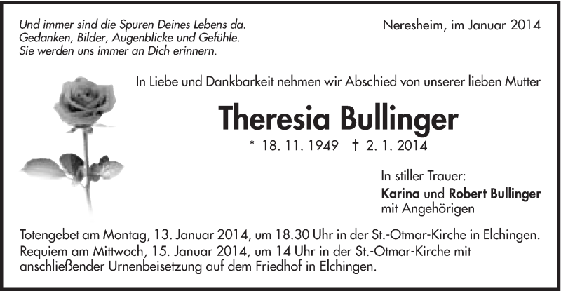  Traueranzeige für Theresia Bullinger vom 11.01.2014 aus Schwäbische Post