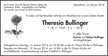 Traueranzeige von Theresia Bullinger von Schwäbische Post